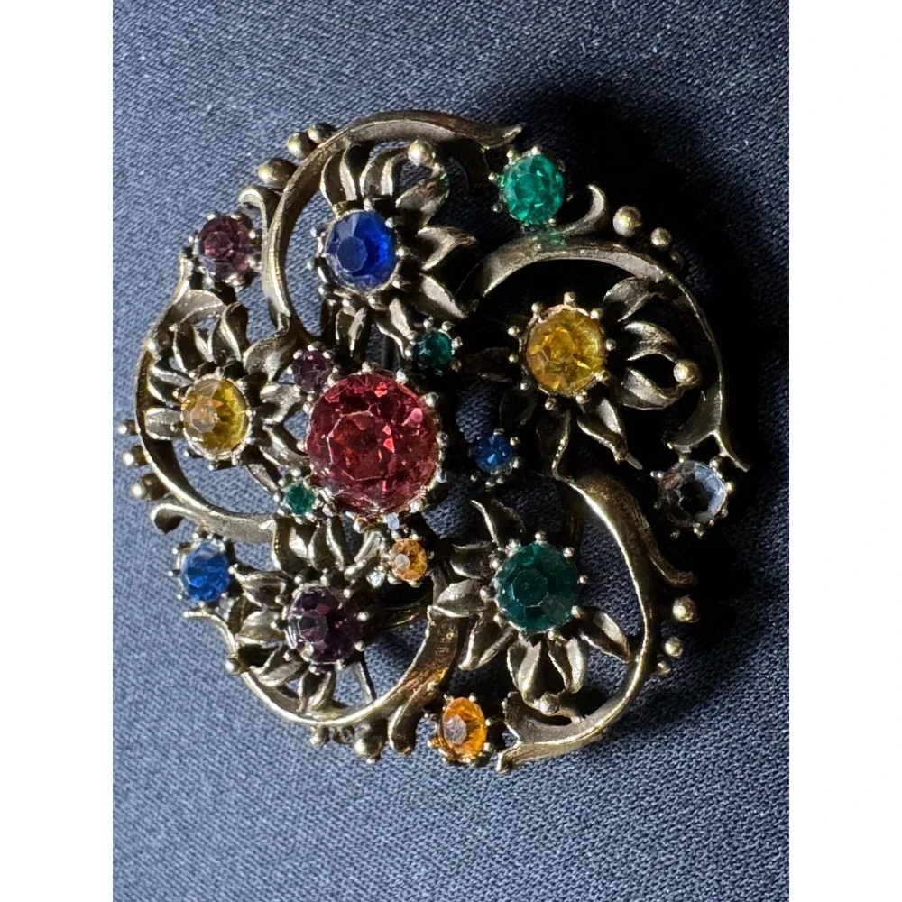 Vintage Coro Multi Color Rhinestone Floral Wreath Brooch Gold Tone Pin